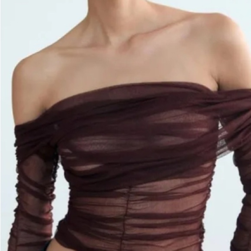 Zara brown burgundy draped sheer silk wrap top
